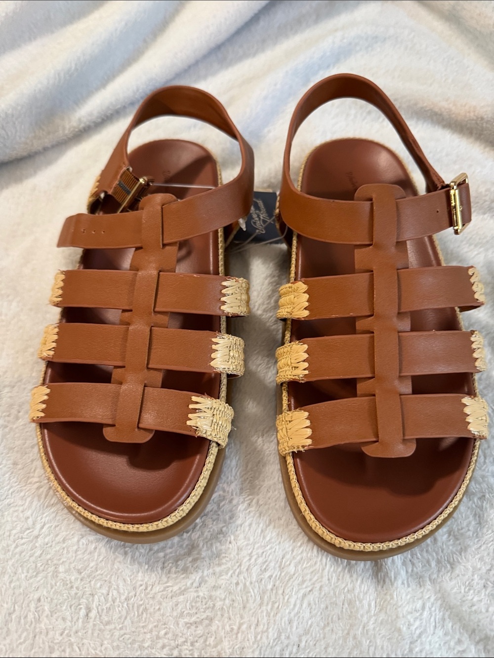 Brown Leather Gladiator Sandals with Raffia Trim
